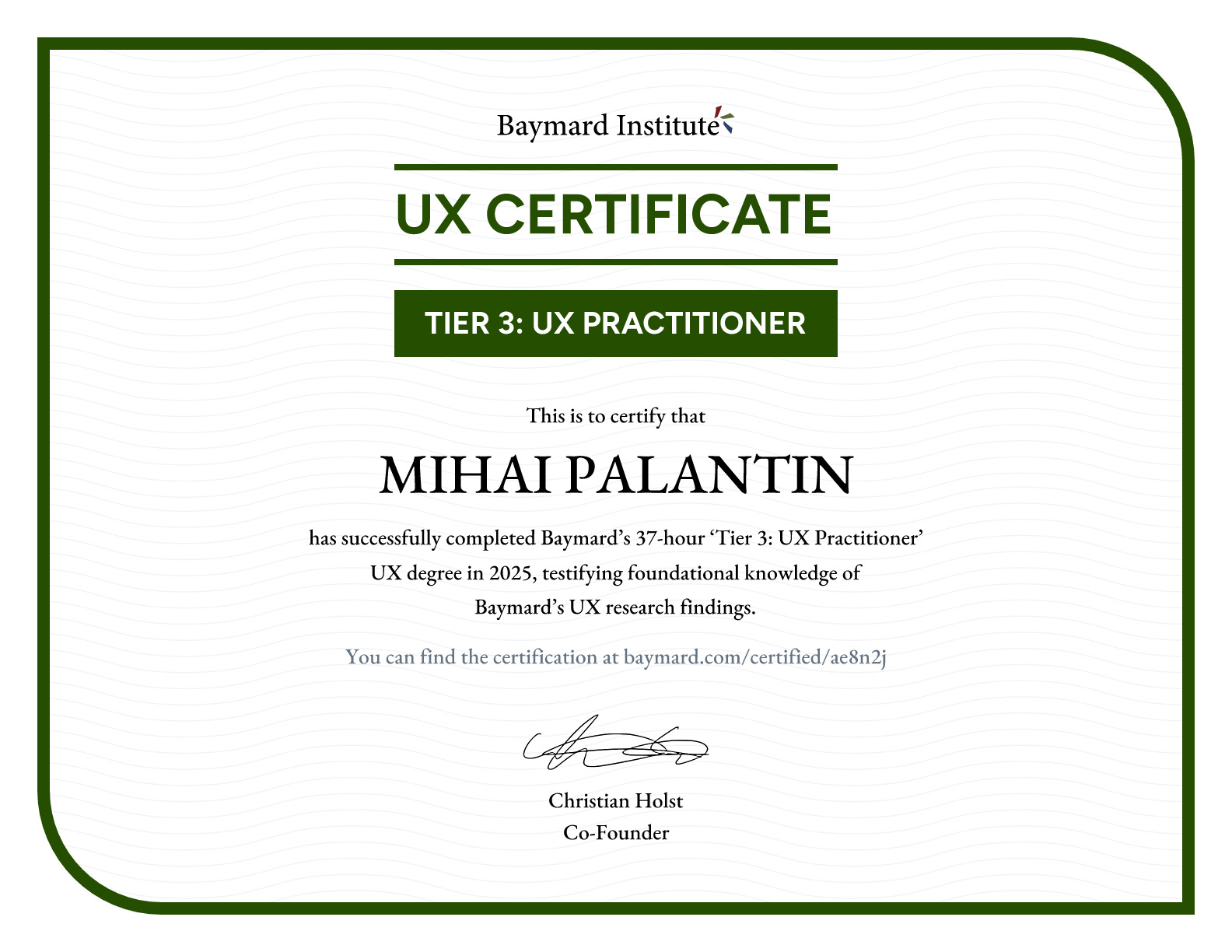 MIHAI PALANTIN’s certificate